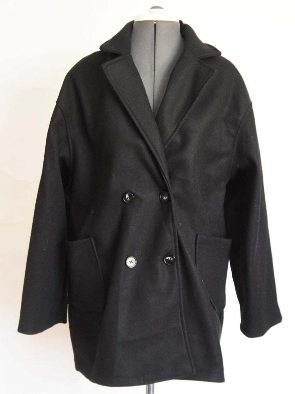 SHEIN Black Oversized Double Breasted Coat Jacket Large Pockets Winter Fall